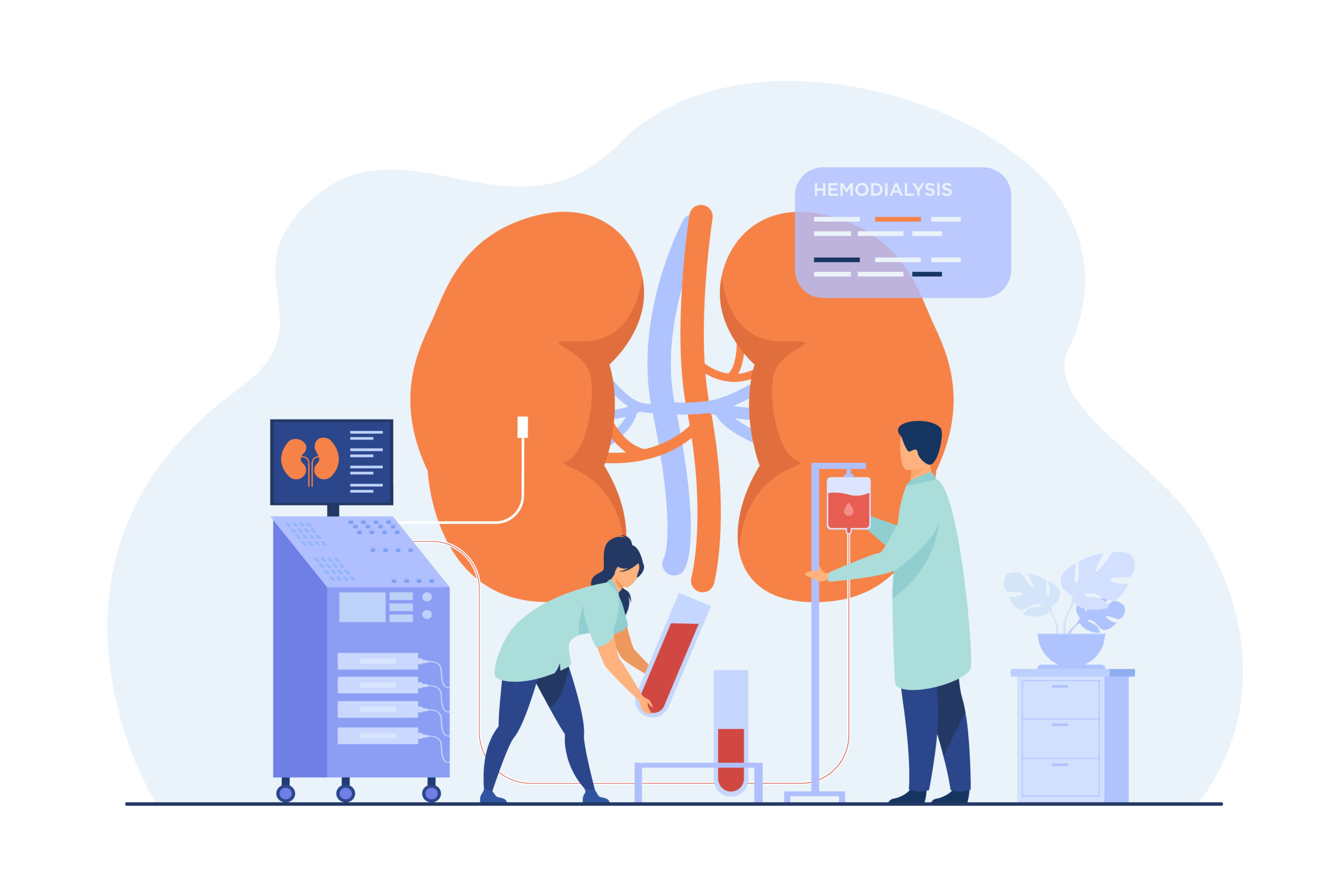 Doctors conducting dialysis procedure for kidney treatment. Vector illustration for patient hemodialysis, healthcare, blood transfusion, internal injection, kidney disease concept